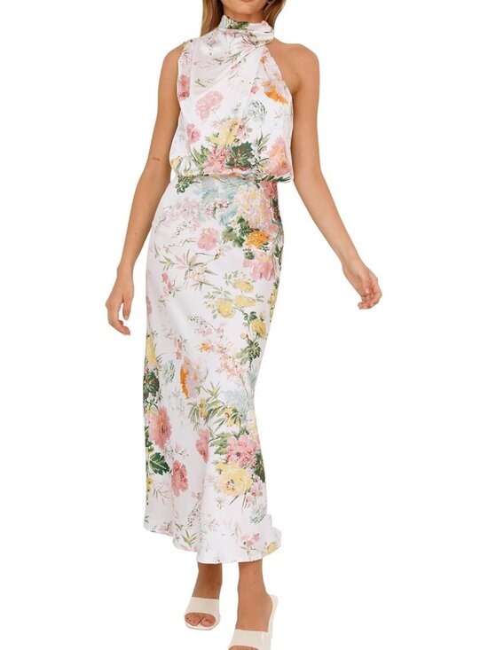 Dresses & Skirts - Women Print White Summer Satin Elegant Sleeveless Mock Neck Cocktail Maxi Dress